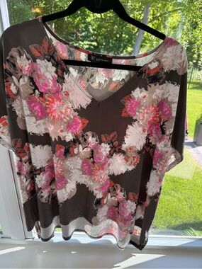 Inc Floral V-Neck Short Sleeve Top - Brown with Pink Floral